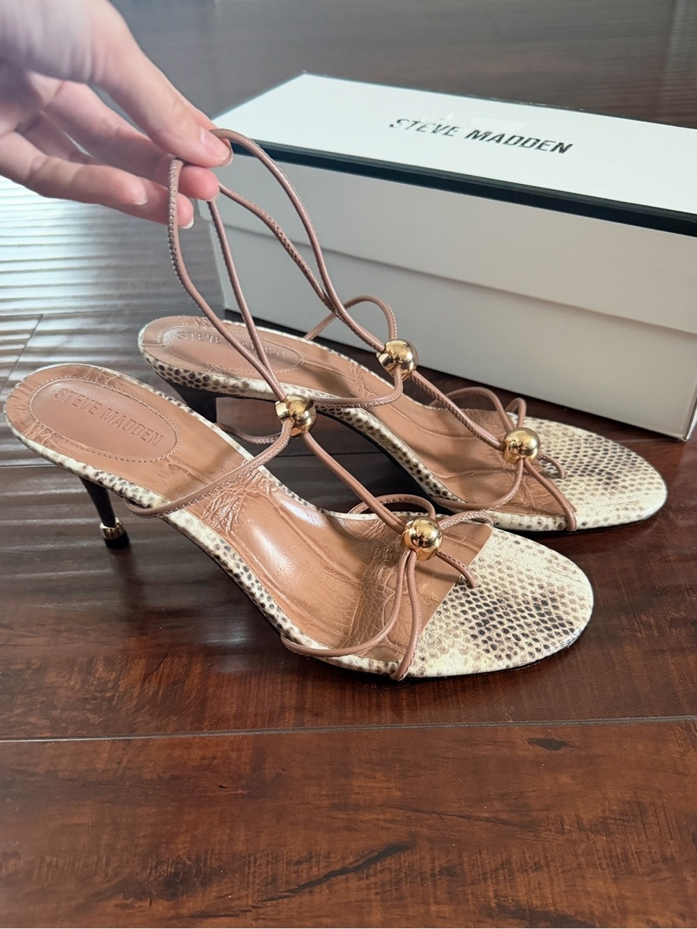 Steve Madden Ramos Tan Brown Snake-Print Strappy Heels with Gold Accents - Picture 2 of 6